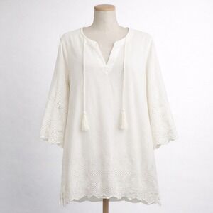 Coastal Fairy Eyelet‎ Scalloped Edge Tunic Sz XS White Boho Romantic Beach Indie